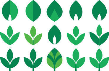 Collection of stylized green leaf icons in various designs