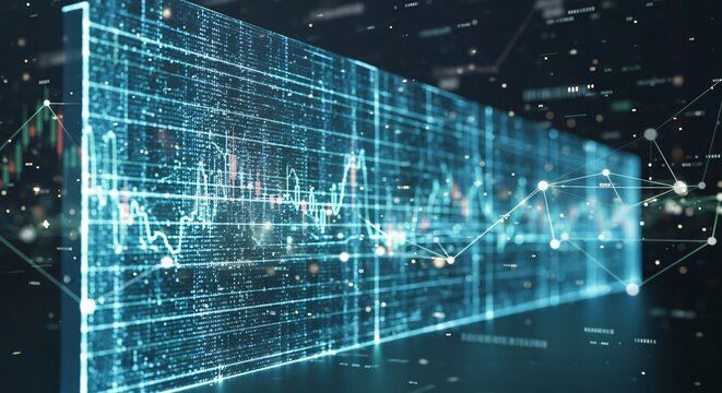 Digital financial data analysis on a futuristic holographic screen with network connections.