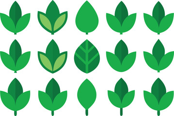 Collection of stylized green leaf icons on a white background