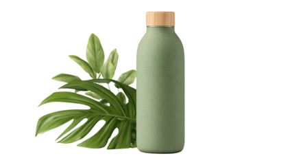 Green bottle with wooden cap, tropical leaves
