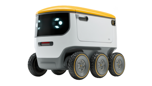 Autonomous, six-wheeled delivery robot with yellow roof and expressive lights - Powered by Adobe