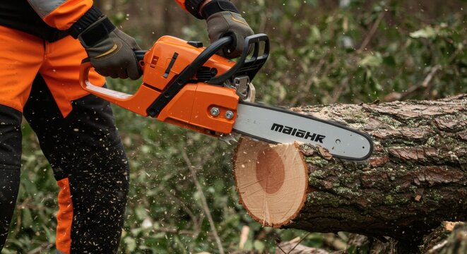 Chainsaws Bite Logger at Work with Tree Trunk Slice in Woodland.