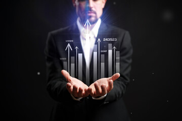 Business professional presenting growth data and analytics in a modern digital environment during a corporate event
