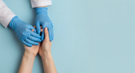 Compassionate Care Doctors hands comforting patient on a soft blue backdrop.