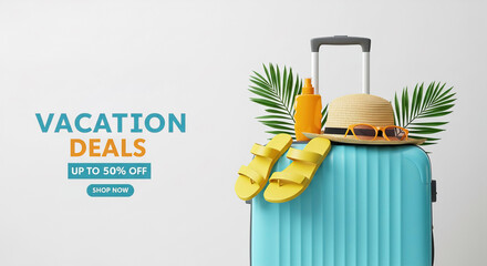 Summer vacation essentials on stylish luggage with tropical elements and deals for travelers