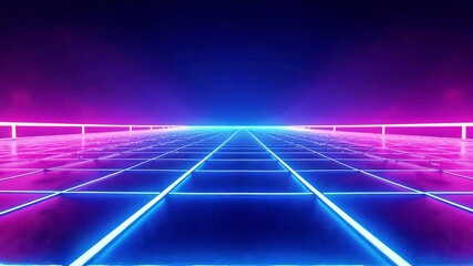 Immersive neon grid tunnel with vibrant pink and blue lights creates a futuristic digital landscape perfect for technology and gaming visuals - Powered by Adobe