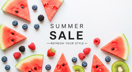 Summer sale celebration featuring fresh fruits and vibrant colors on white background