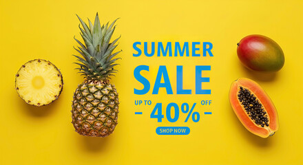 Bright summer fruit sale featuring pineapple, papaya, and mango on vibrant yellow background