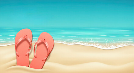 Naklejka premium Bright flip flops resting in soft sand next to gentle waves on a sunny beach