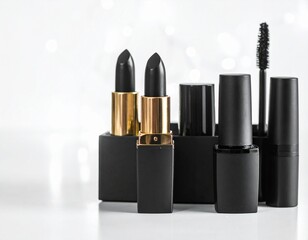 Obraz premium Close-up of black lipsticks with gold accents, nail polish, and mascara arranged on a white surface with bokeh background.