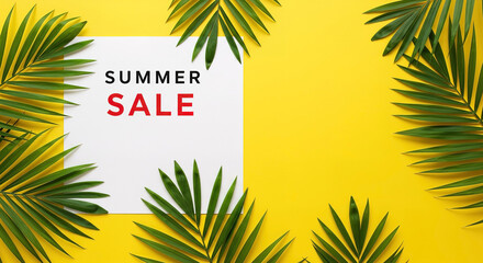 Obraz premium Bright summer sale announcement with vibrant background and tropical leaves framing the message