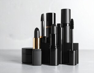 Obraz premium An assortment of black cosmetic products, including lipsticks and mascara, are arranged against a bright, neutral background.