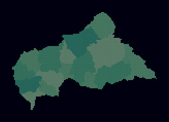 Central African Republic dotted map. Digital style map of the country on dark background. Central African Republic shape with square dots. Colored dots style. Small size squares.