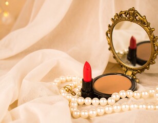 Vibrant red lipstick, a compact, and lustrous pearls elegantly arranged on flowing cream fabric, with a vintage mirror reflecting the lipstick.