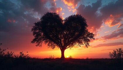 Obraz premium Majestic tree silhouette with heart shaped leaves against vibrant sunset. Dramatic sky with clouds. Calmness, beauty of nature in landscape. Warm sunlight, peaceful rural scenery, idyllic tranquil