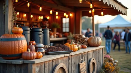 Harvest festival pumpkin display countryside market food stall autumn evening vibrant scene seasonal celebrations