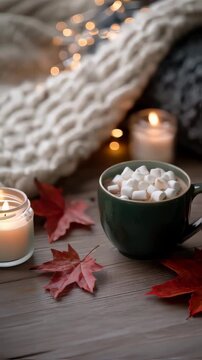 reen cup of autumn cocoa with marshmallows, a scarf, and candles on a wooden table.