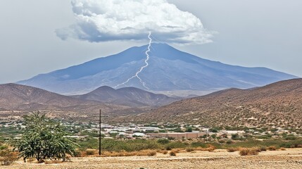 Dramatic desert landscape with a mountain struck by a powerful lightning bolt