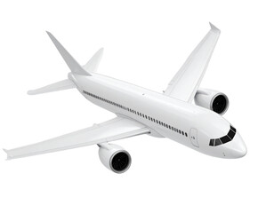 A - Angled Perspective of White Airplane in Flight, Transparent Background.