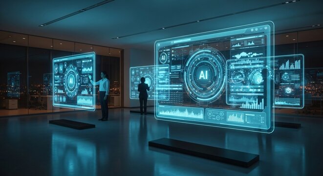 Businesswomen analyzing data on large glowing AI holographic displays in a futuristic office.