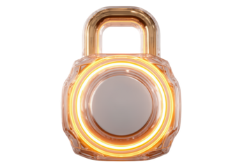 Glowing gold lock, modern design, security, transparent background, 3D render