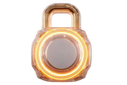 Glowing gold lock, modern design, security, transparent background, 3D render