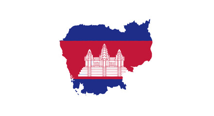 Map of Cambodia with National Flag and Angkor Wat Illustration in Center