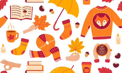 Autumn cozy seamless pattern. Background of fall leaves, pumpkins, knitted socks, sweater, scarf, books, home bakery, coffee and tea cup. Flat Vector illustration