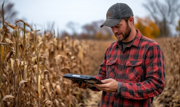 Crop farmer using AI technology on a smart pad to improve farming efficiency and agricultural processes. The image highlights innovation in agriculture and technology-driven farming, Generative AI - Powered by Adobe