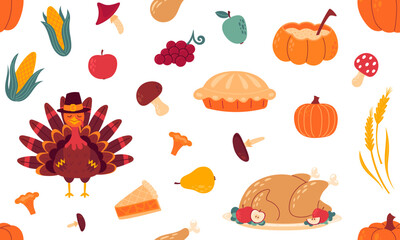 Thanksgiving seamless pattern. Autumn holiday background. Traditional food, harvest festival, pumpkins, turkey and pie, corn and harvest. Hand drawn flat vector illustration