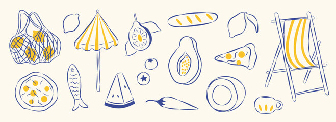 Set of summer stickers. Icons for tropical vacation. Seasonal elements collection. Fruits, pizza, baguette, fish, umbrella, chair, coconut, basket of lemons, coffee, watermelon, beach accessories.