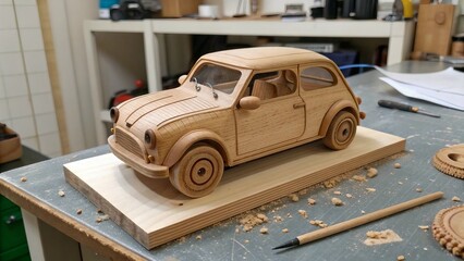 Handcrafted wooden model of a classic mini car