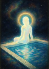 Fototapeta premium Ethereal figure reflecting tranquility.