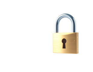 A - Bitcoin Padlock Floating Above White Surface with Soft Glow, Isolated on Transparent Background.