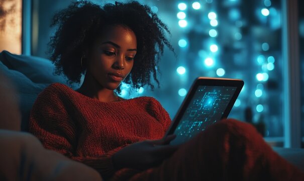 Young African American female using AI technology on her tablet at home. The image showcases generative artificial intelligence and smart home technology in a modern living space, Generative AI
