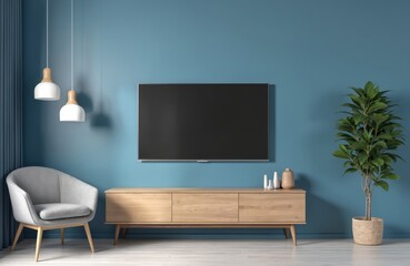 Stylish living room features blue wall with flat screen TV above wooden cabinet. Modern interior decorated with plant, lamp, vase and grey armchair. Minimalist aesthetic apartment design.