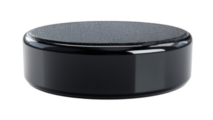 Sleek, black, cylindrical device with textured top. Glossy finish