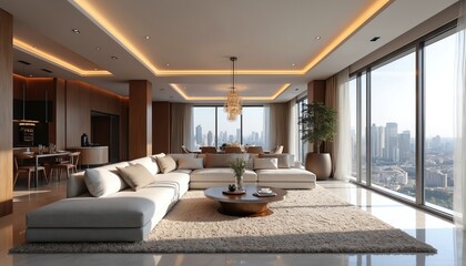 Fototapeta premium Opulent modern living room design offers luxurious apartment interior with stunning city view. Beige, gold accents complement beige sectional sofa, marble coffee table, elegant chandelier. High-end