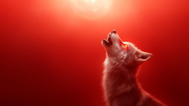 Cybernetic wolf with glowing eyes howls under red moon, evoking sense of mystery and power
