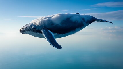 A majestic humpback whale appears to fly through the sky, soaring above the ocean amidst clouds in a surreal aerial perspective