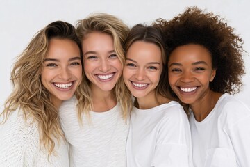 Obraz premium Group of smiling women in white shirts, Friendship happiness and connection