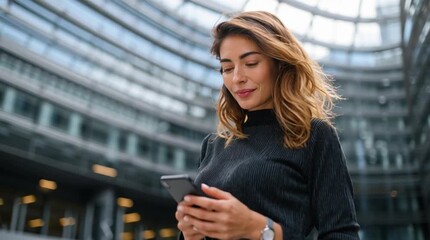 Young happy confident business woman standing on city street holding smartphone. Smiling busy businesswoman with cellphone in hands using mobile apps on cell phone. AI generative video . - Powered by Adobe