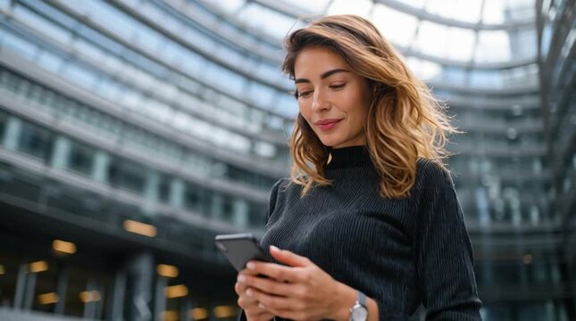 Young happy confident business woman standing on city street holding smartphone. Smiling busy businesswoman with cellphone in hands using mobile apps on cell phone. AI generative video . - Powered by Adobe