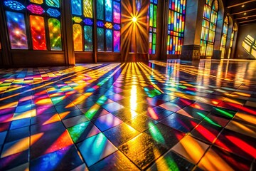Colorful stained glass windows with glowing sunlight casting vibrant reflections on tiled floor, bright artistic interior with rainbow light patterns