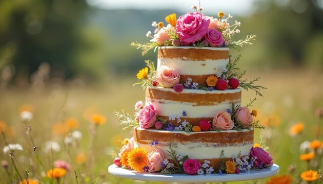 A tiered cake adorned with pink roses, yellow flowers and red berries. Delicious dessert for summer wedding, garden birthday celebration. Elegant, fresh food on blurred nature background. - Powered by Adobe