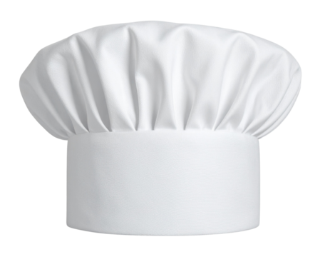 A - Classic White Chef Hat with Soft Fabric Folds, Front View, Isolated on Transparent Background.