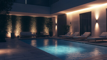 Fototapeta premium Modern backyard pool area at twilight