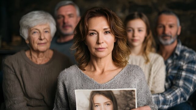 Family gathered holding cherished photo in memory