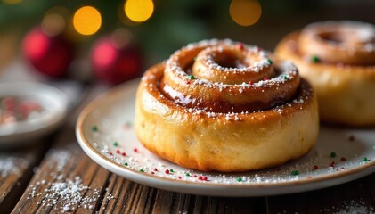 Warm, glazed cinnamon rolls, festive Christmas sprinkles , food, food photography, baked goods