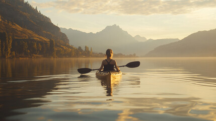 Woman paddles kayak on serene lake